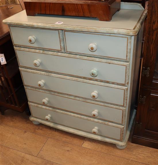 A green painted pine chest of drawers W.84cm